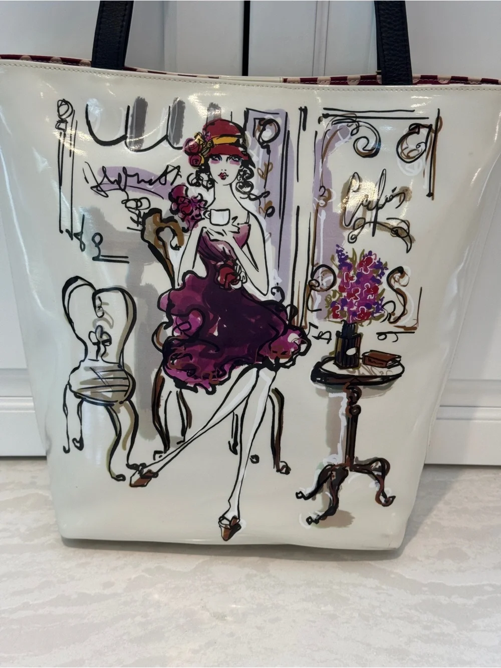 Nique White Patent Tote with Purple Illustration